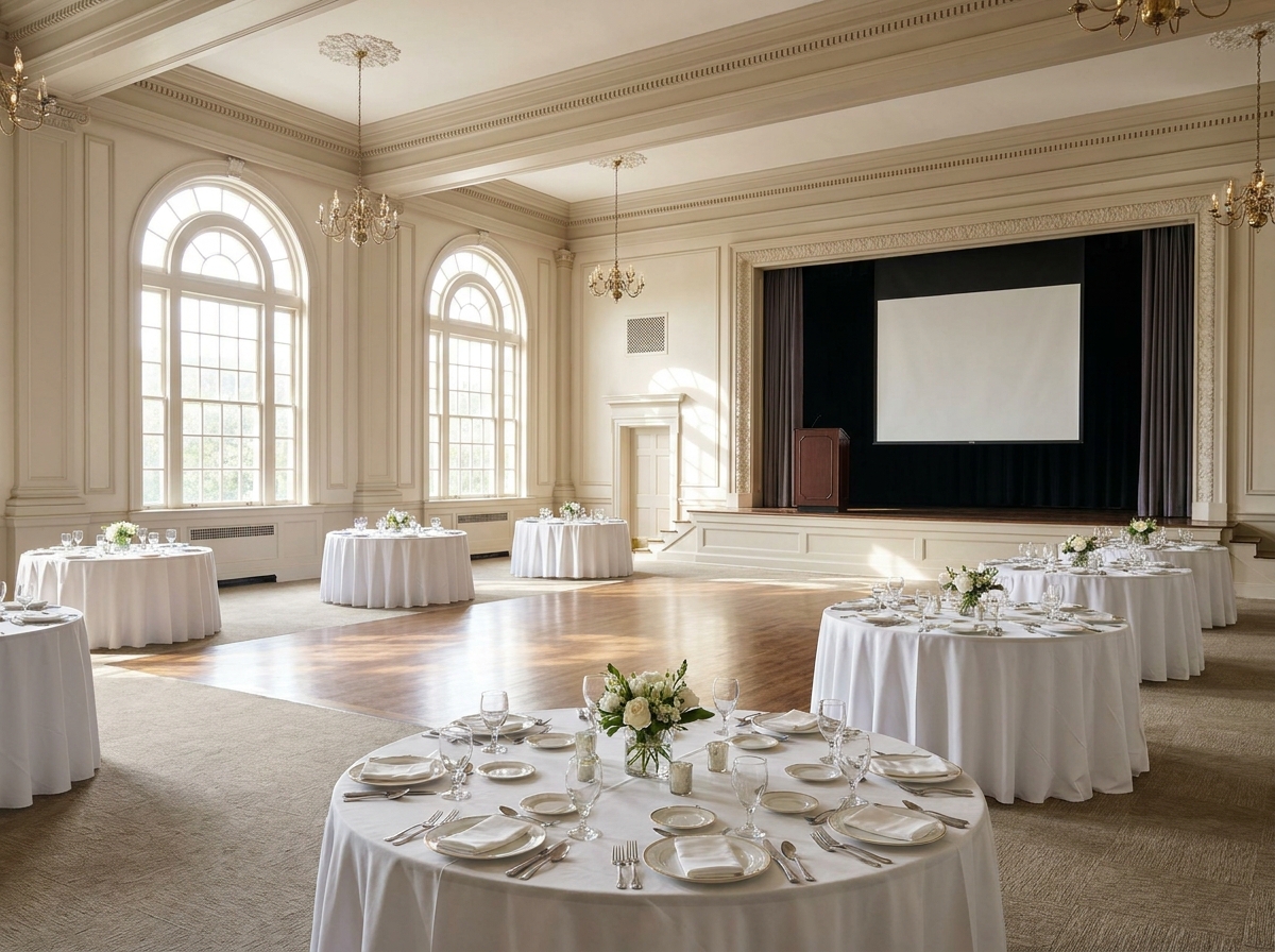 An empty hotel ballroom in Augusta set for a professional luncheon.