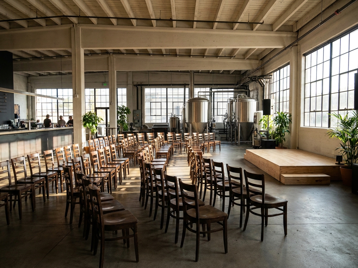 A brewery space in Aurora being prepared for a comedy show.
