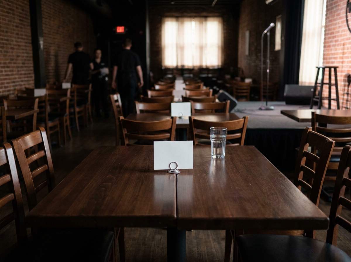A reserved VIP table at a comedy show, showcasing ticketing options.