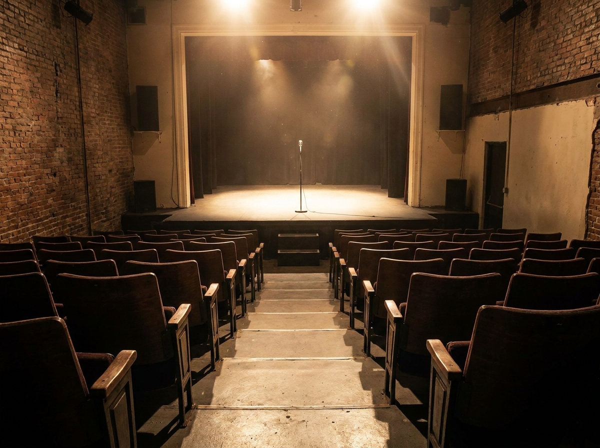 A stage at a theater in Aurora set for a stand-up comedy show.