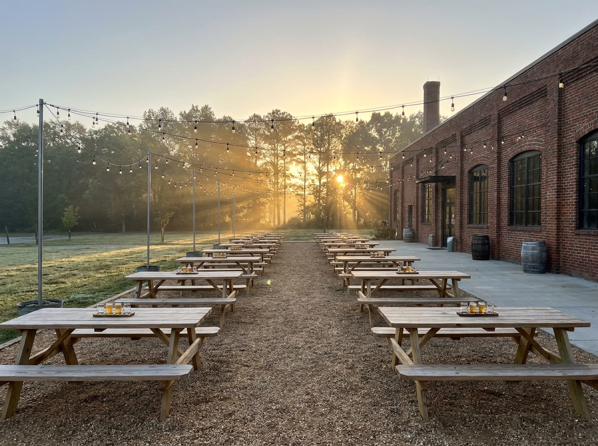 A brewery patio in Aurora set up for an outdoor ticketed event.
