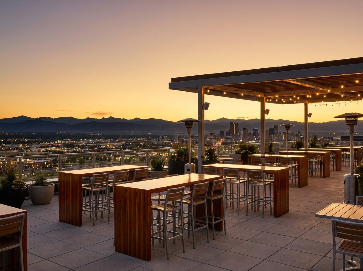 An empty rooftop venue prepared for a professional networking event in Aurora.