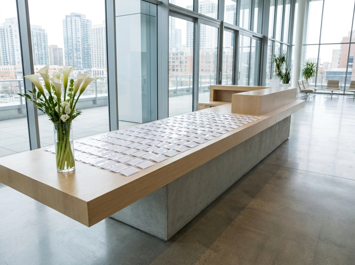 An organized registration desk with name tags ready for a business event.