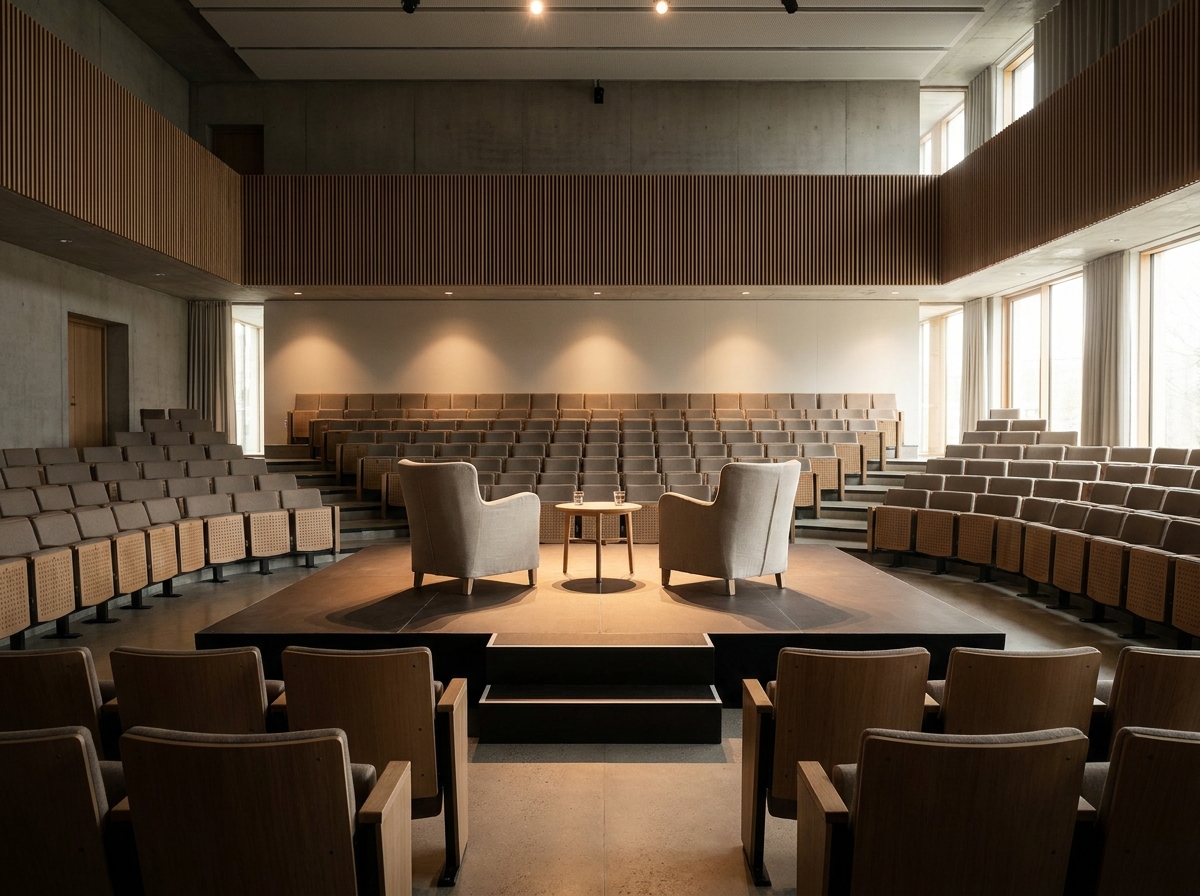A stage set for a professional fireside chat at a networking event.