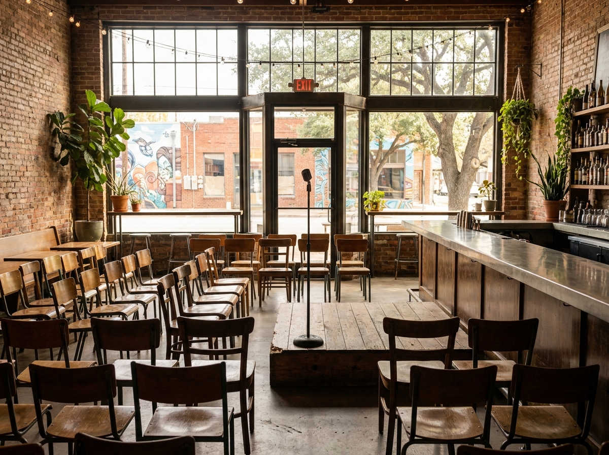 An empty bar in East Austin prepared for a comedy night.
