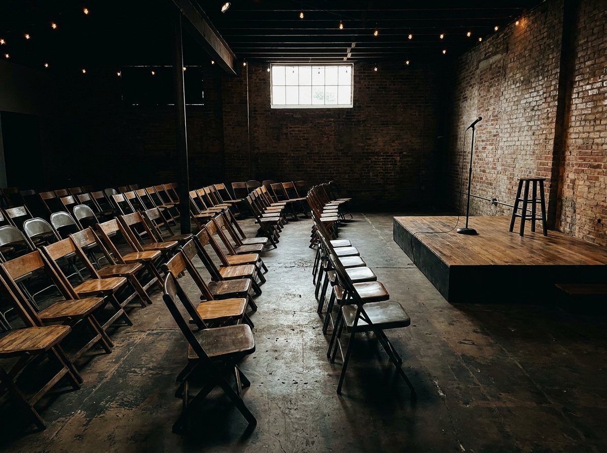 Rows of empty chairs facing a stage in an Austin comedy venue.