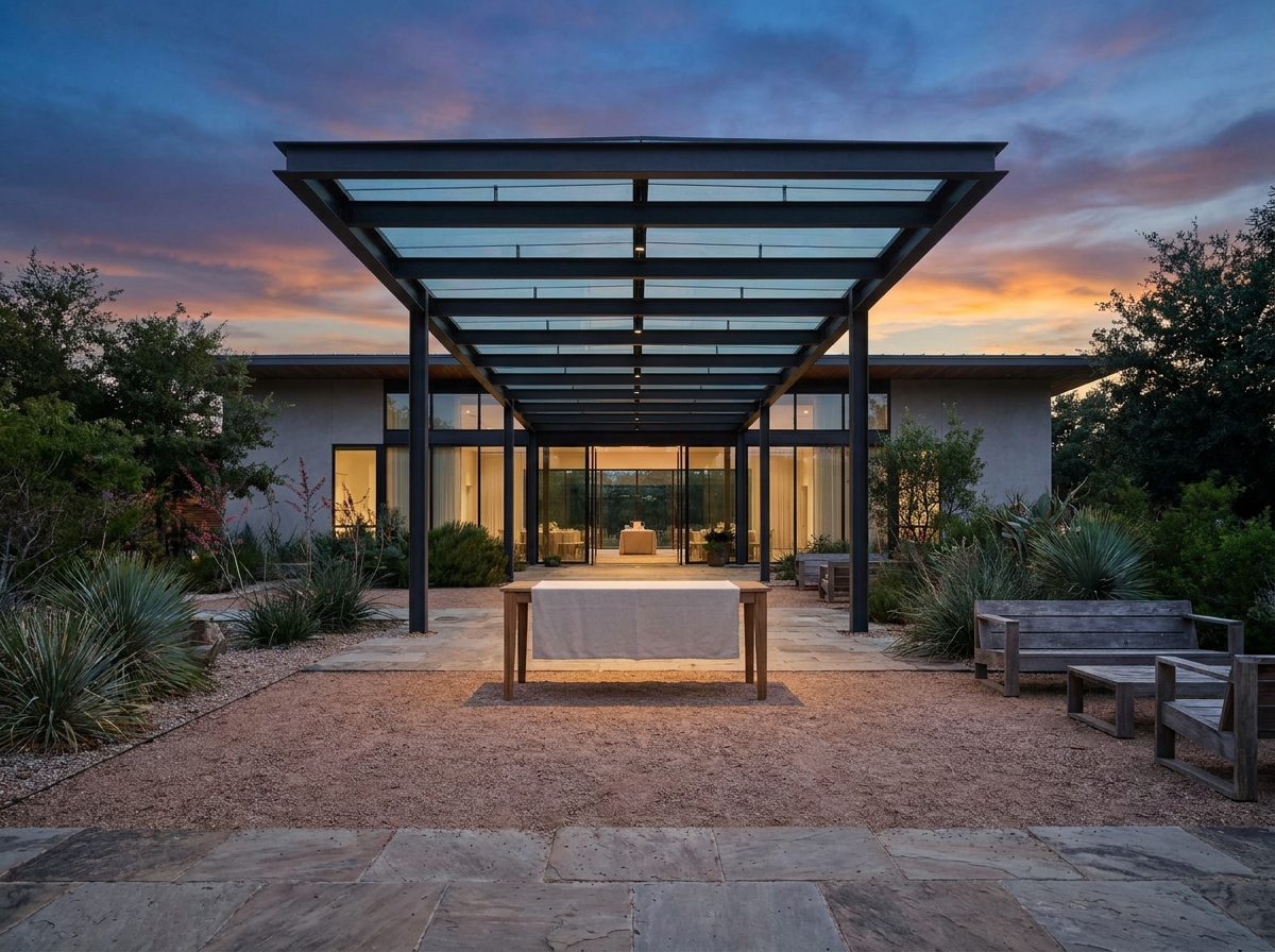 The empty entrance of a modern Austin event space, ready for guest check-in.