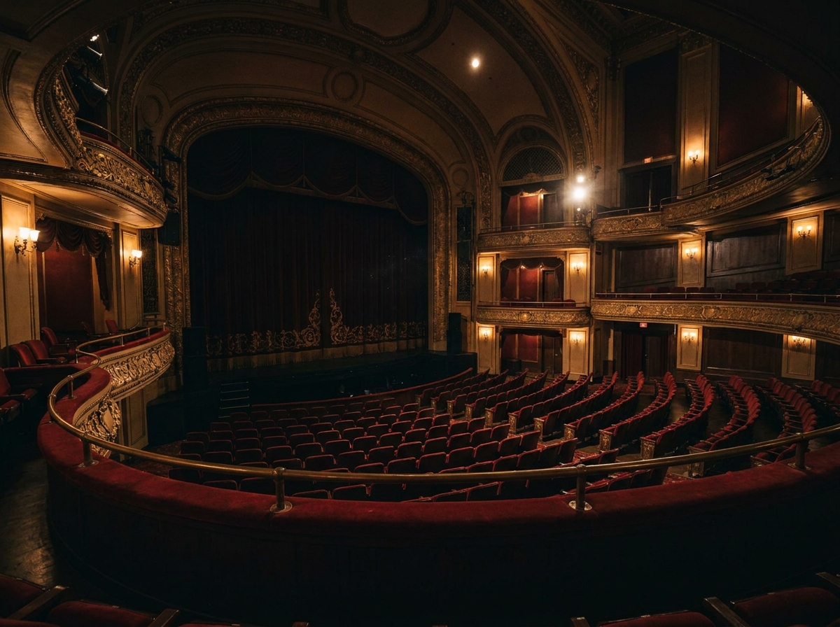 An empty, historic theater in Austin set up for a large-scale comedy show.