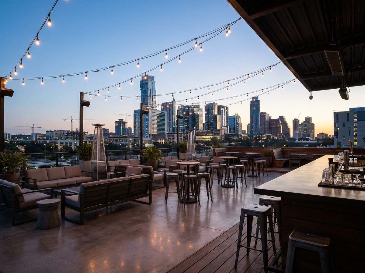 A rooftop event space in Austin, TX prepared for guests.