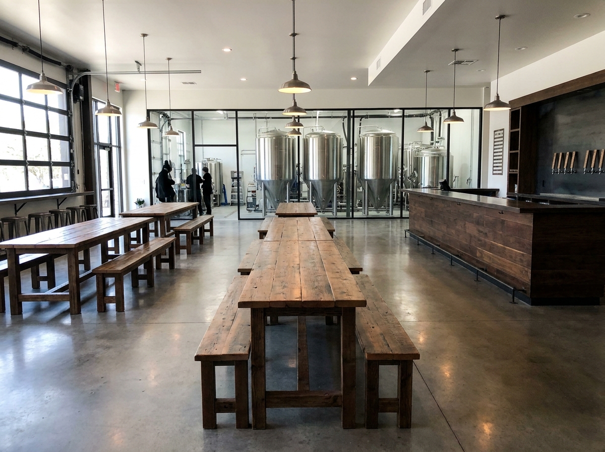An empty brewery taproom in Austin set up for an event.