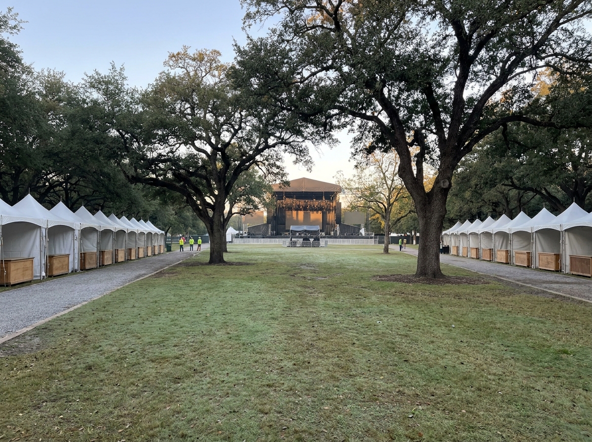 An outdoor festival ground in Austin prepared for an event.