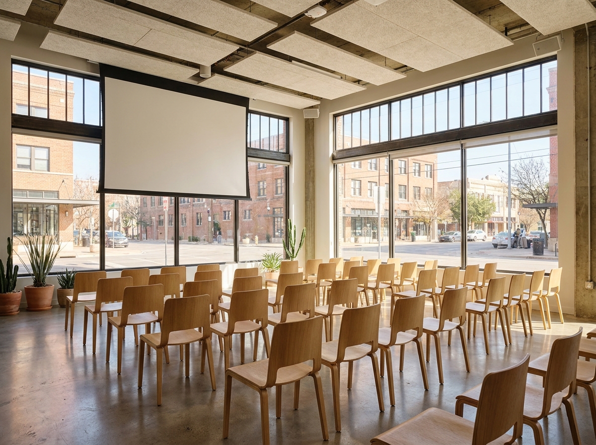 An event space in a co-working office, ready for a professional event in Austin.