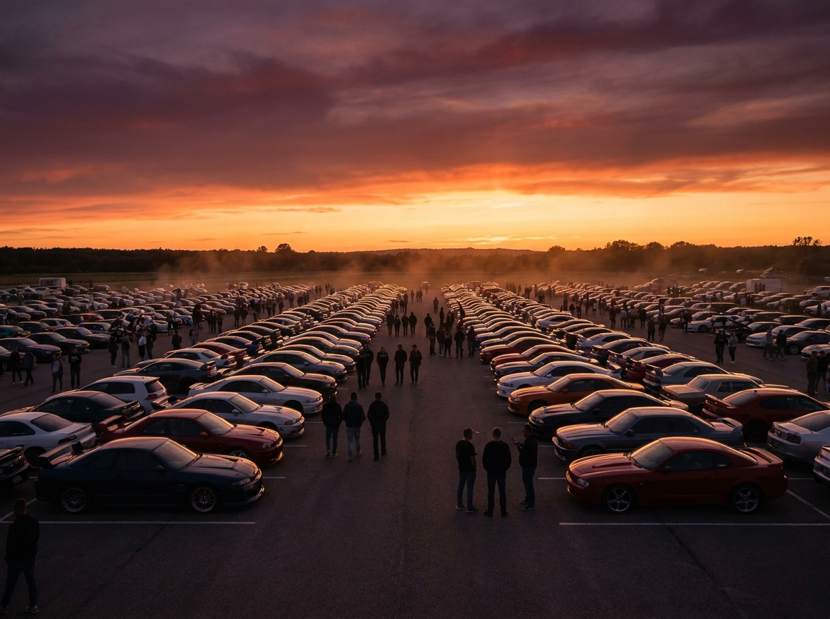 A custom car event with enthusiasts gathered at dusk.