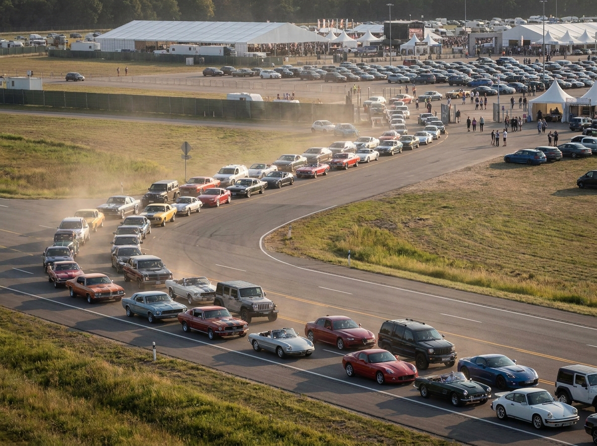 Cars lined up at the entrance of a large car show, waiting for check-in.