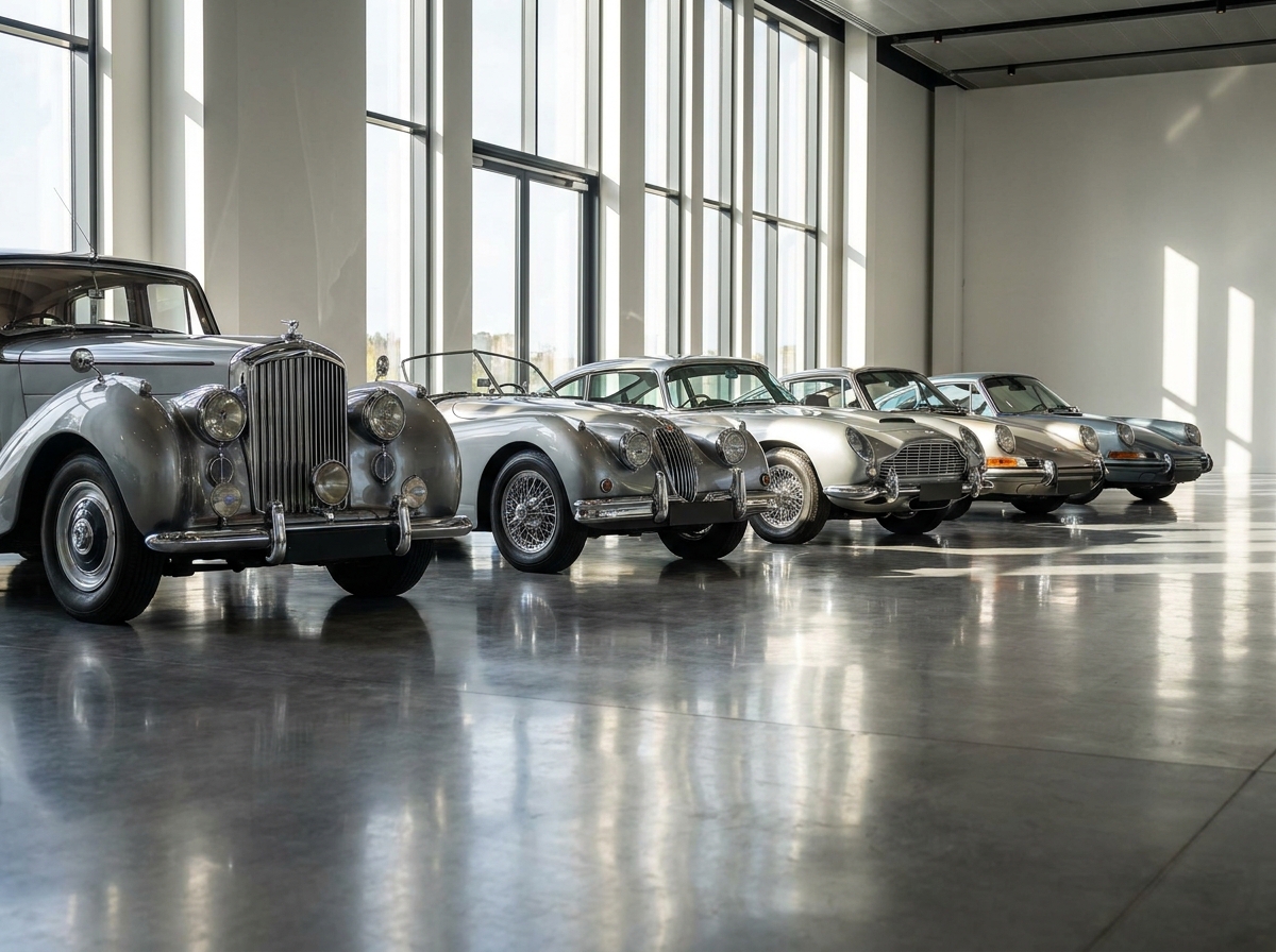 A row of classic cars on display at a vintage car expo.