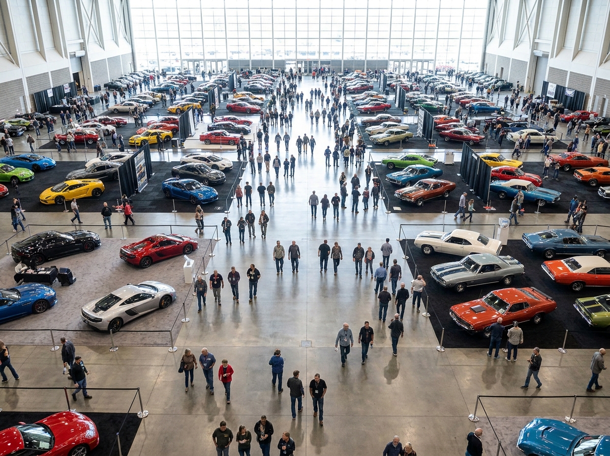An overhead view of a busy auto enthusiast event in a large hall.