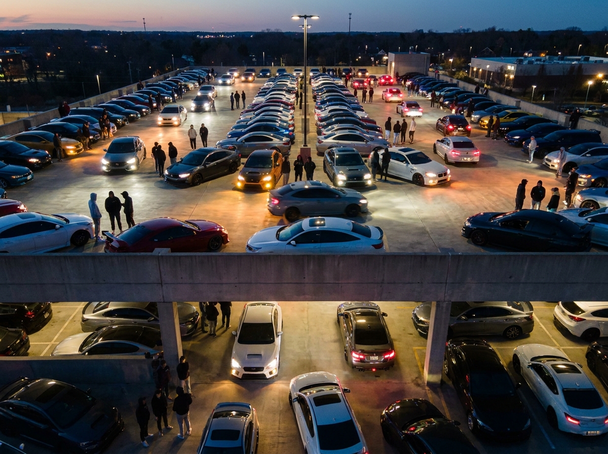 Aerial view of a large auto show with many cars and attendees.