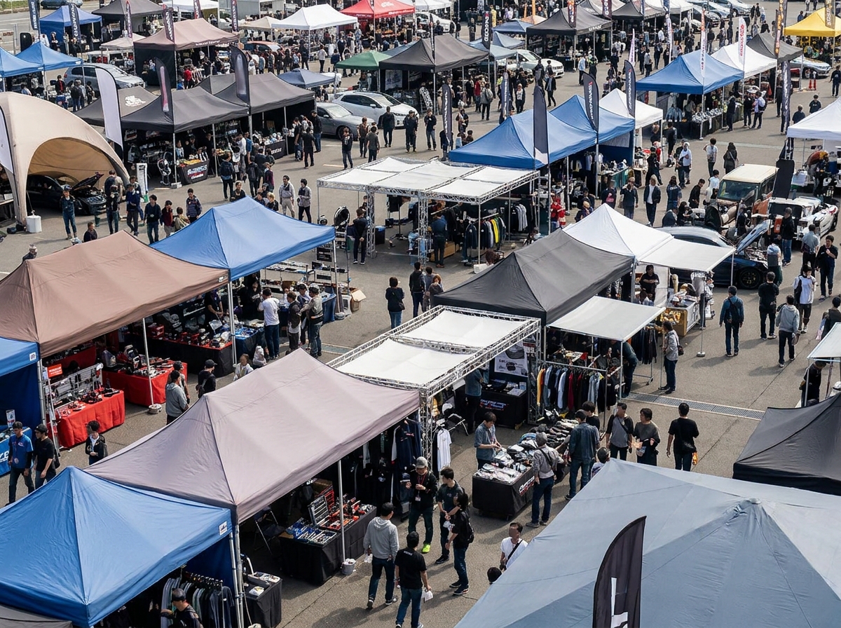 A merchandise booth set up at an auto event.