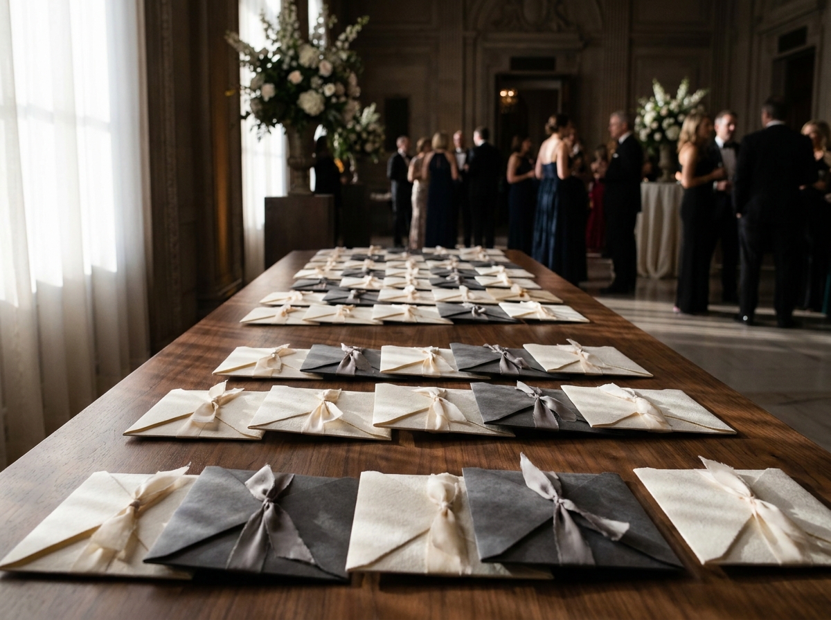 Elegant invitations for a corporate awards gala laid out on a table.