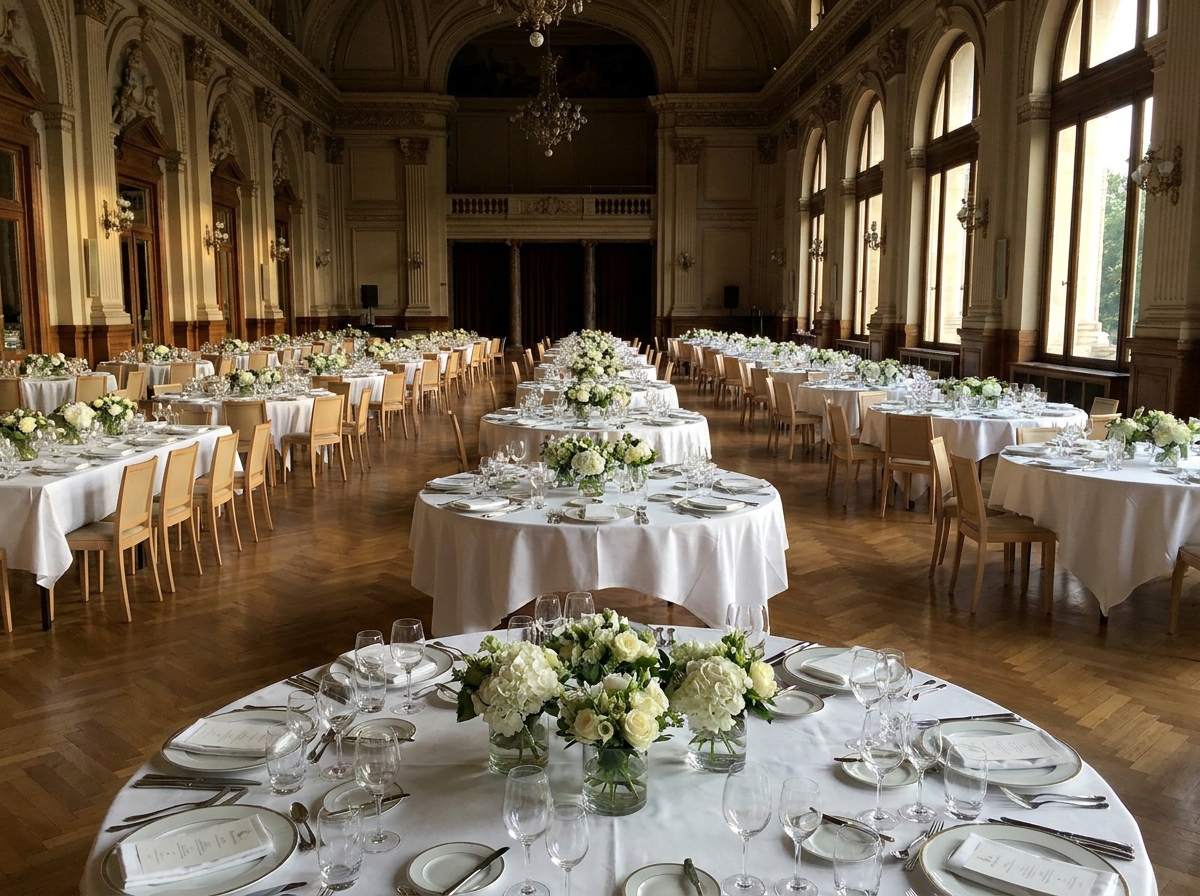 Round tables elegantly set for a large awards ceremony dinner.