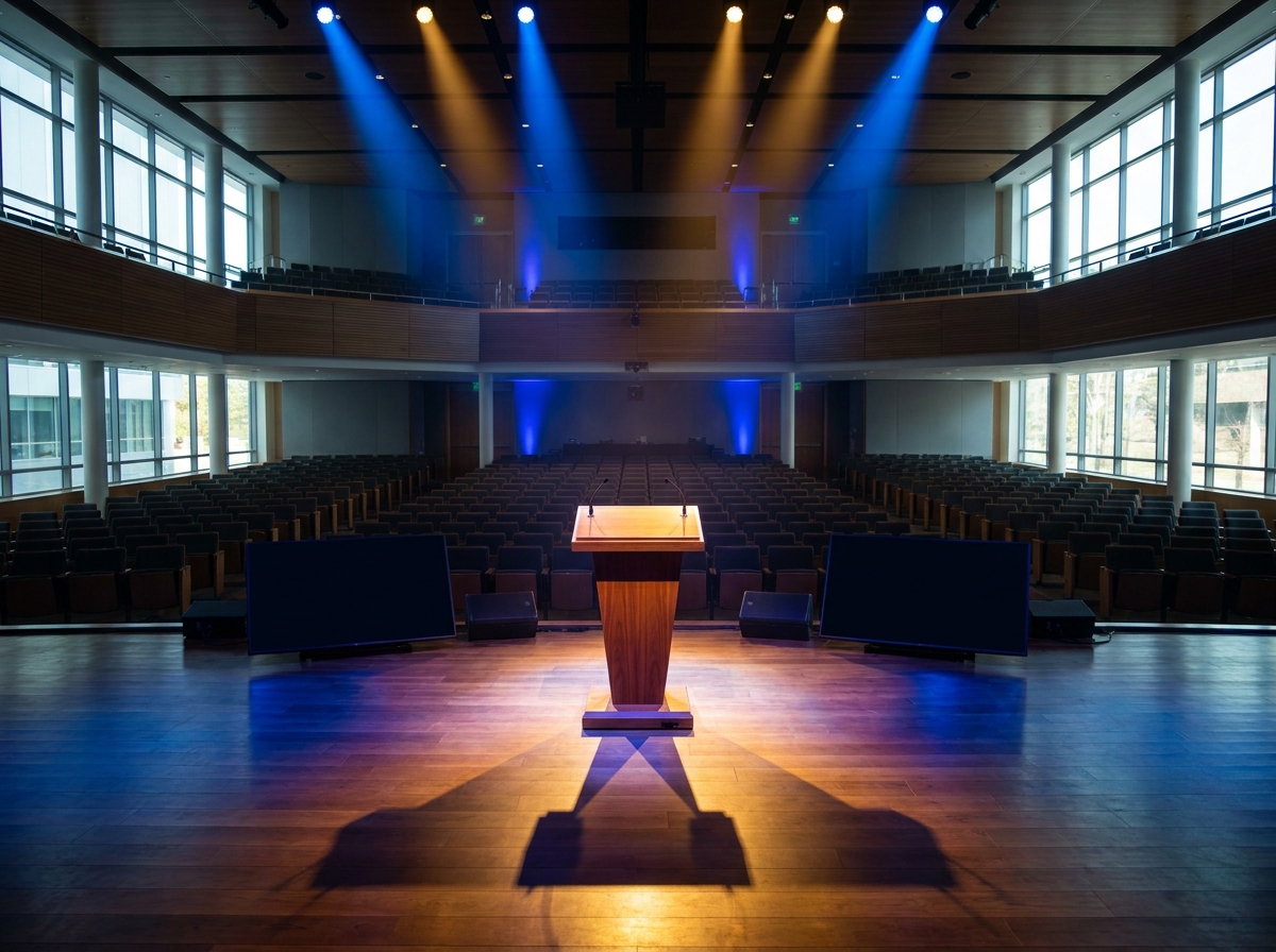 An empty, professionally lit stage waiting for an awards ceremony to begin.