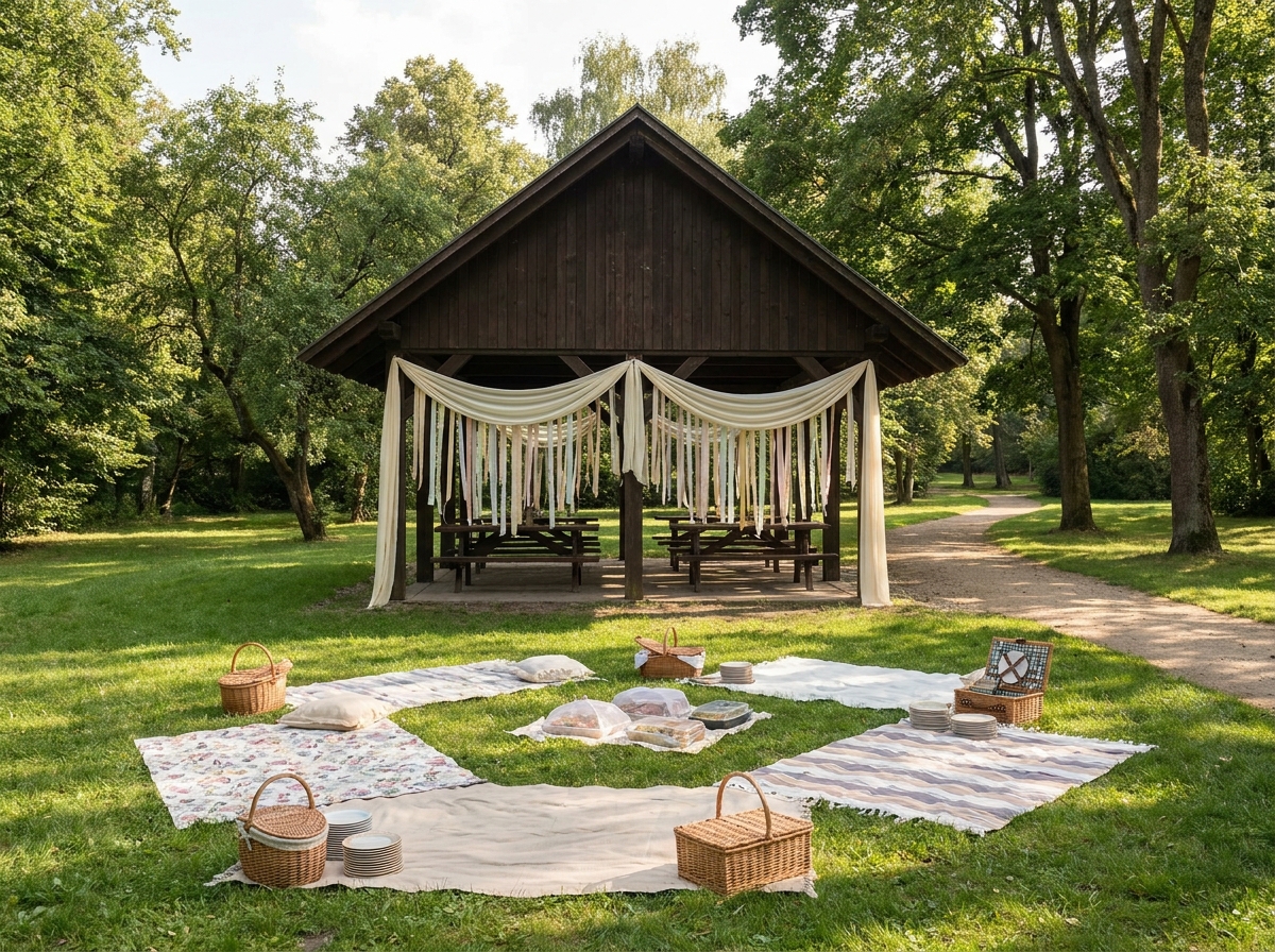 An outdoor park pavilion set up for a casual baby event.