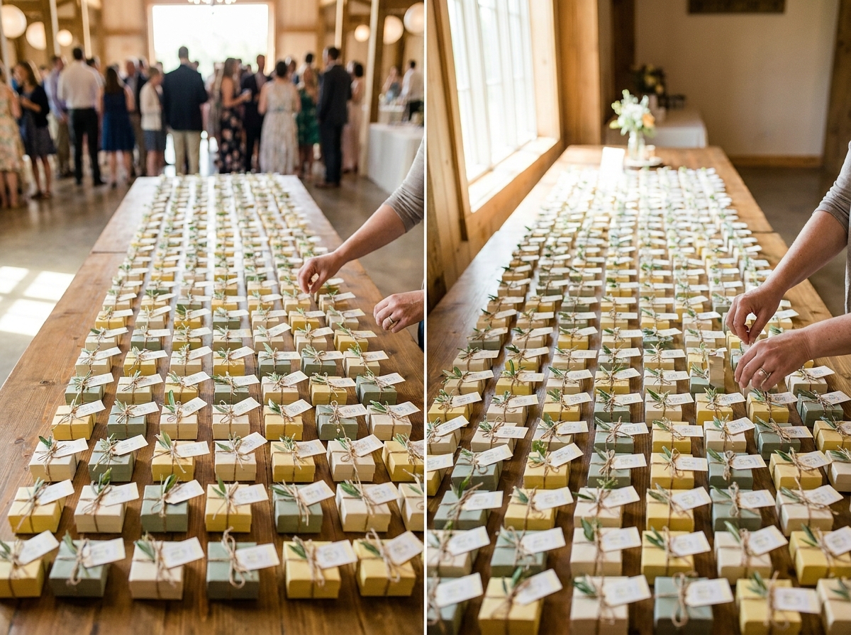 Party favors being arranged on a table for a baby event.