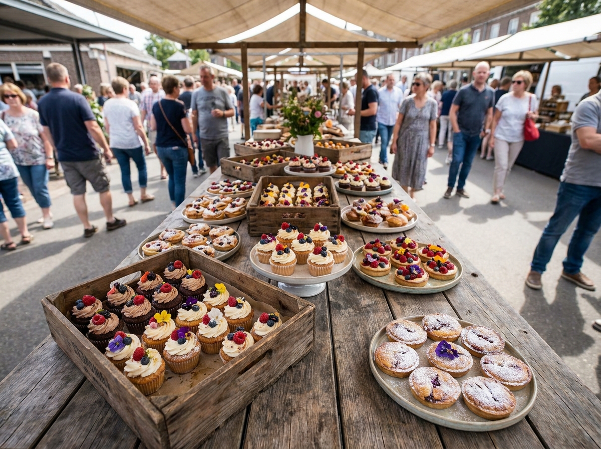 A variety of colorful pastries and cupcakes for a baking event.