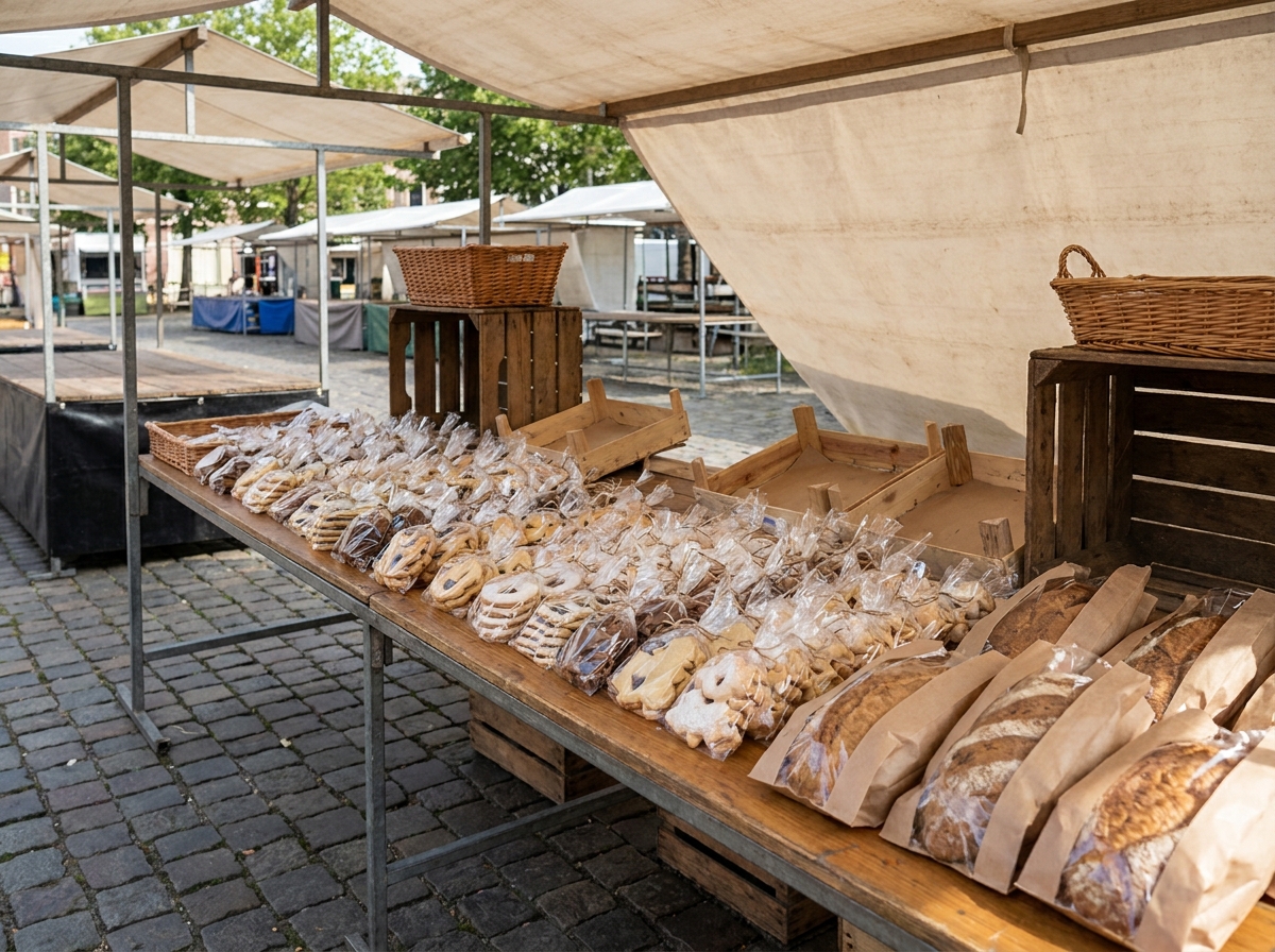 Packaged baked goods ready for pickup at a pastry event.