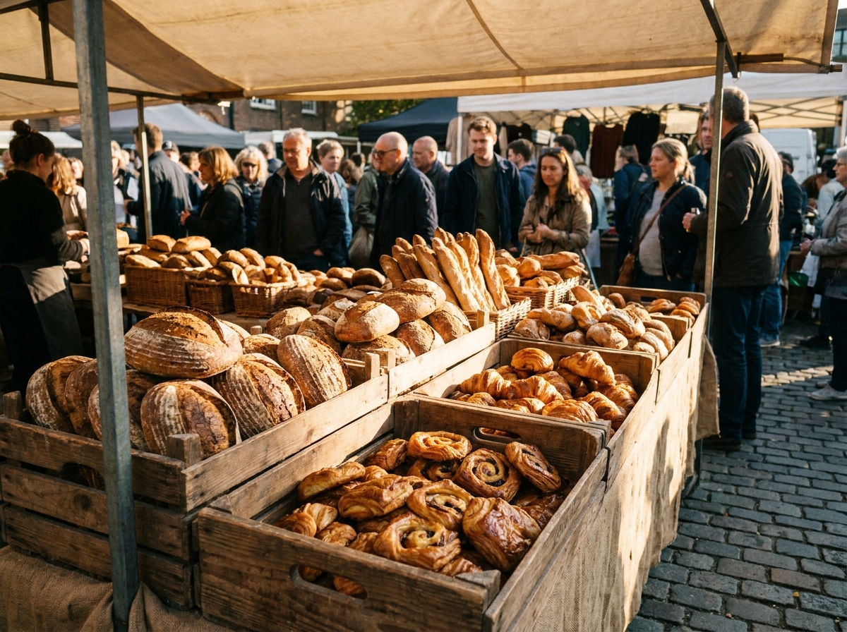 Assortment of artisan baked goods at a bake sale.