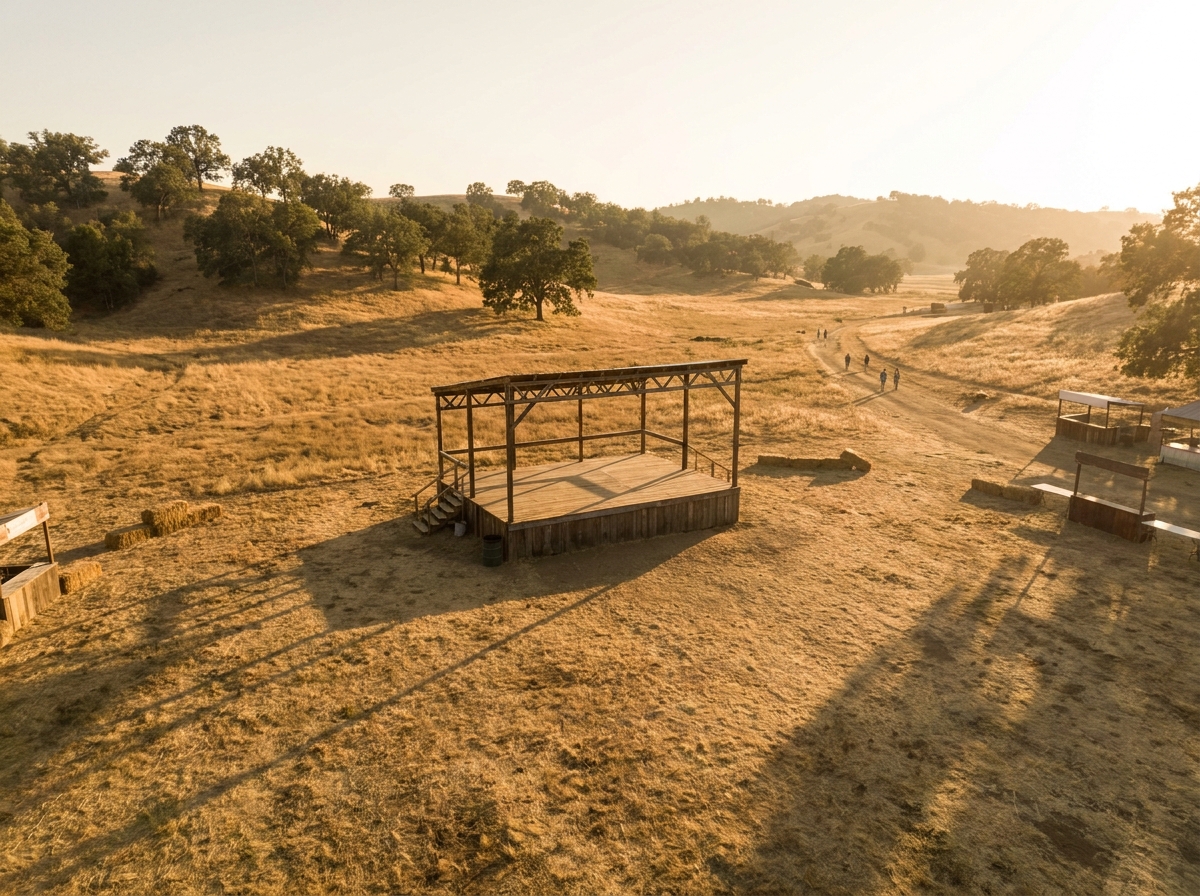 An outdoor stage at a Bakersfield fairground set for an evening festival.