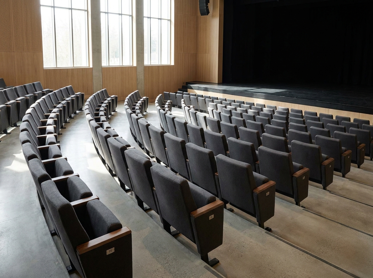 Empty reserved seating in a modern Bakersfield event venue.