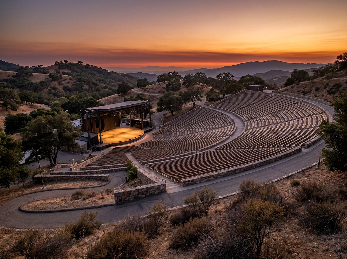An empty outdoor amphitheater in the Bakersfield area at sunset.