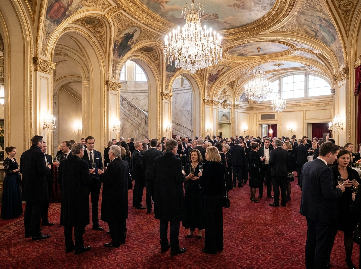 Patrons mingling in an ornate, classical theater lobby during a ballet event.