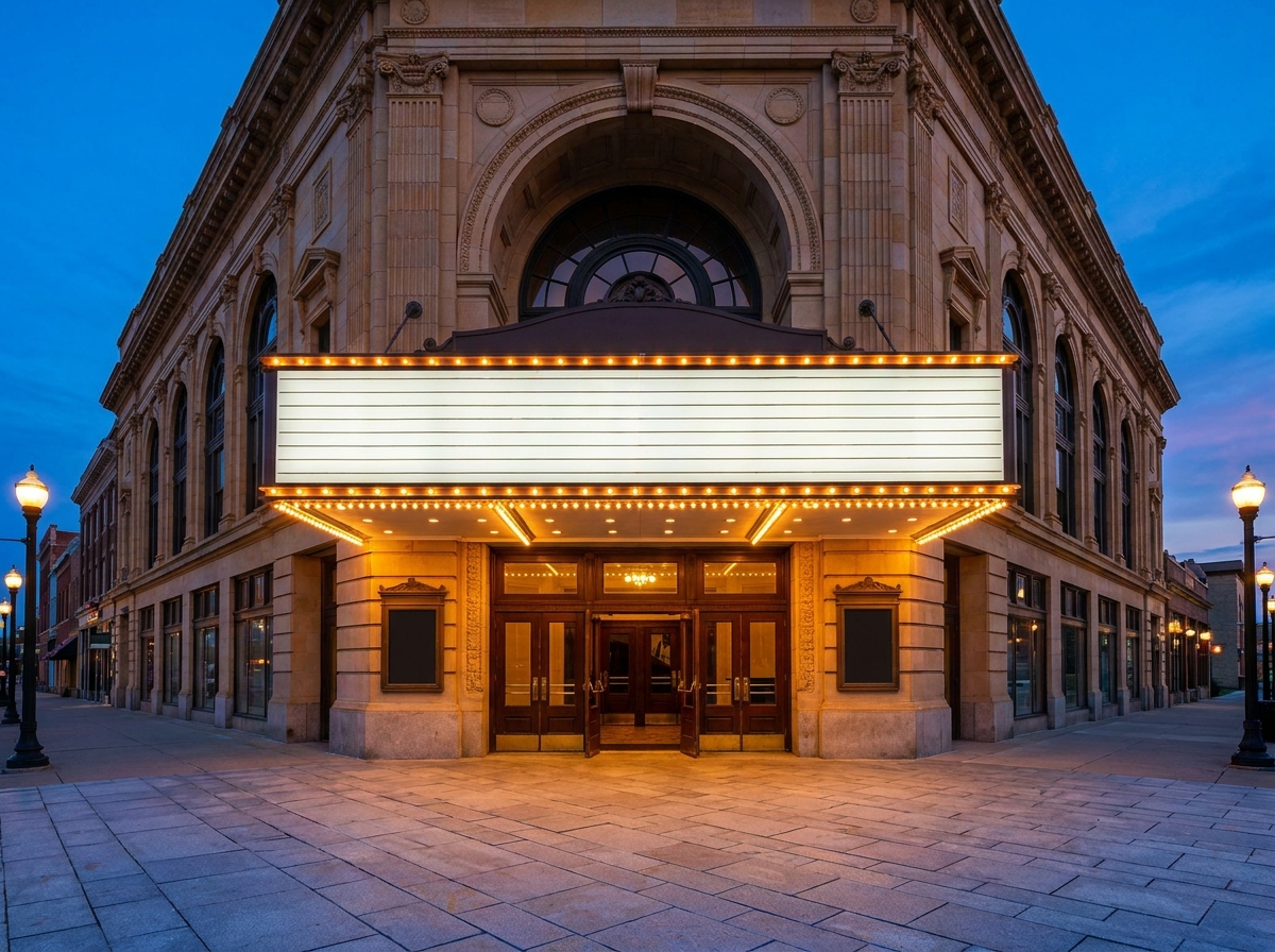The illuminated grand entrance to a historic theater before a performance.