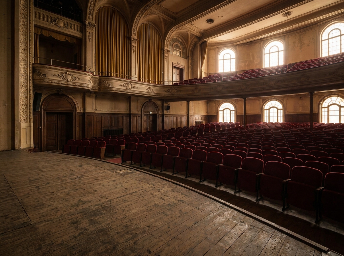 View from the stage of the empty red seats in a classic ballet theater.