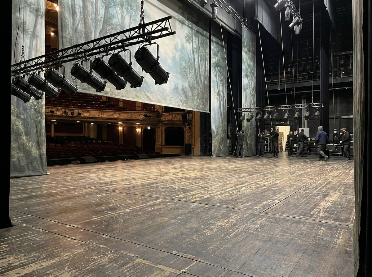 A stage being prepared with lights and a backdrop before a ballet performance.