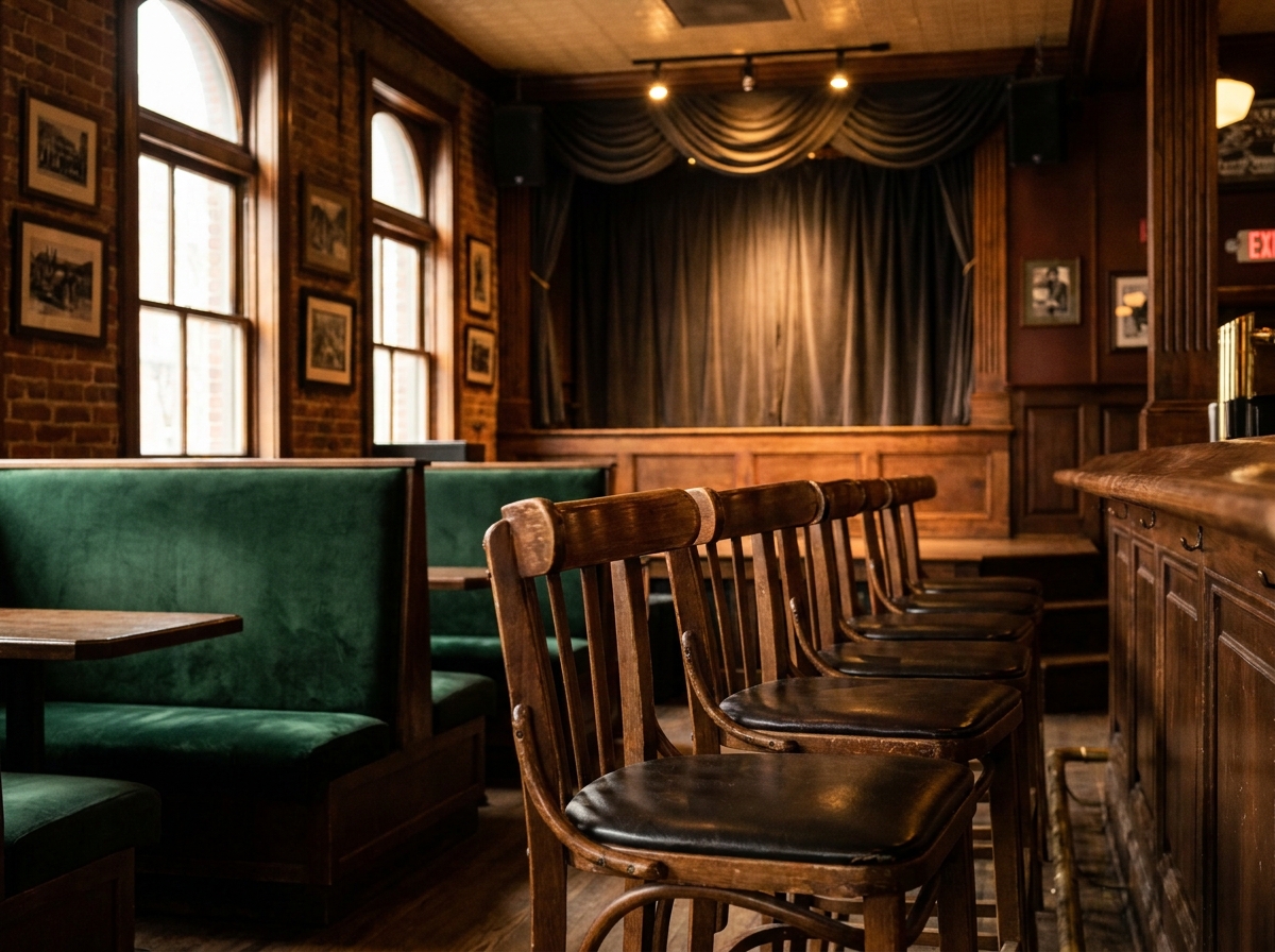 Empty stools at a bar in Baltimore, facing a small stage for a comedy night.