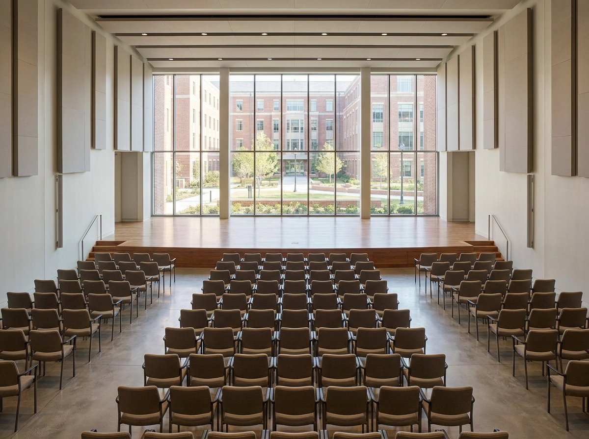 An empty modern performance space set up for a comedy event in Baltimore.