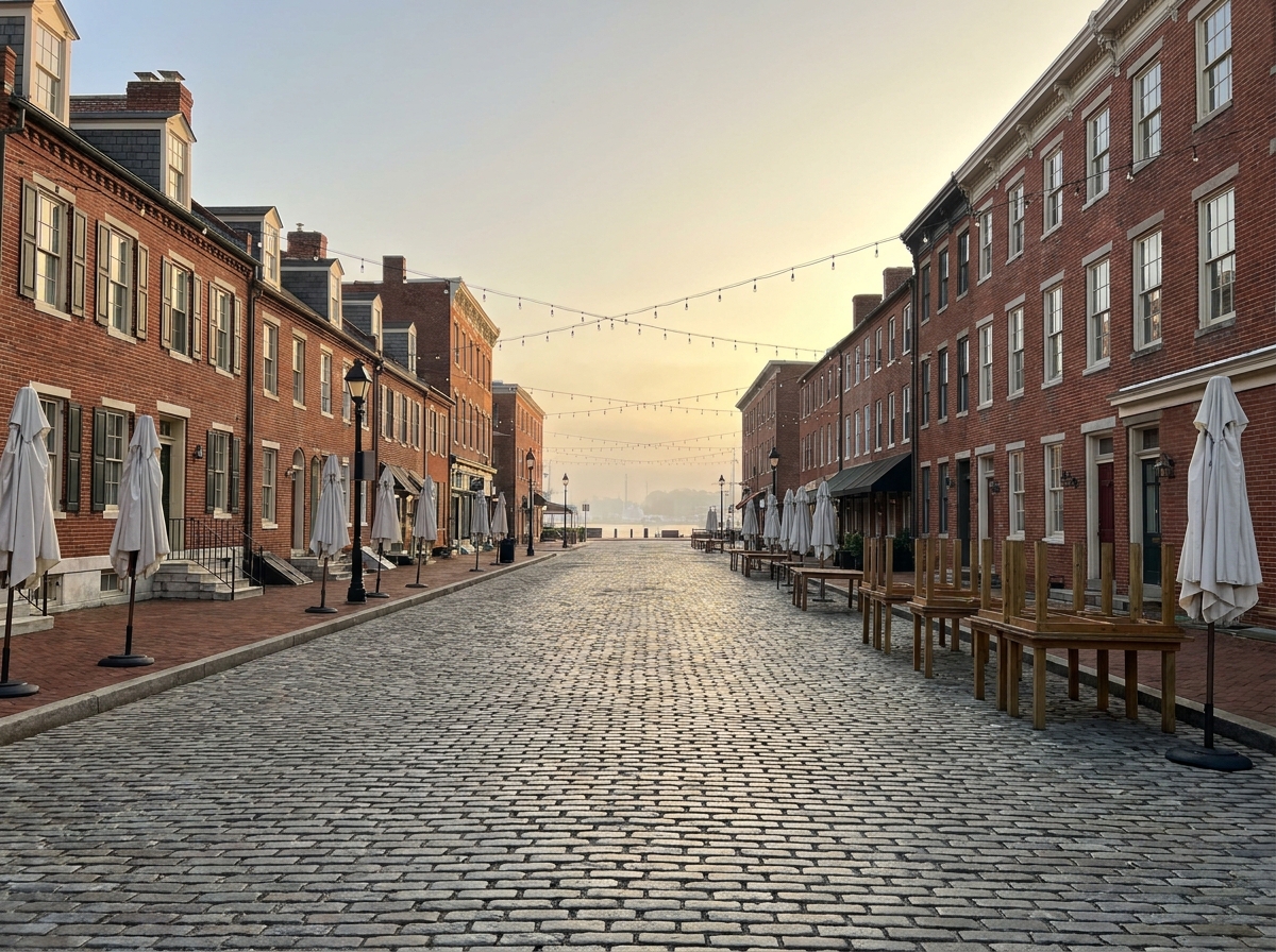 An empty, historic cobblestone street in Baltimore set for a festival.