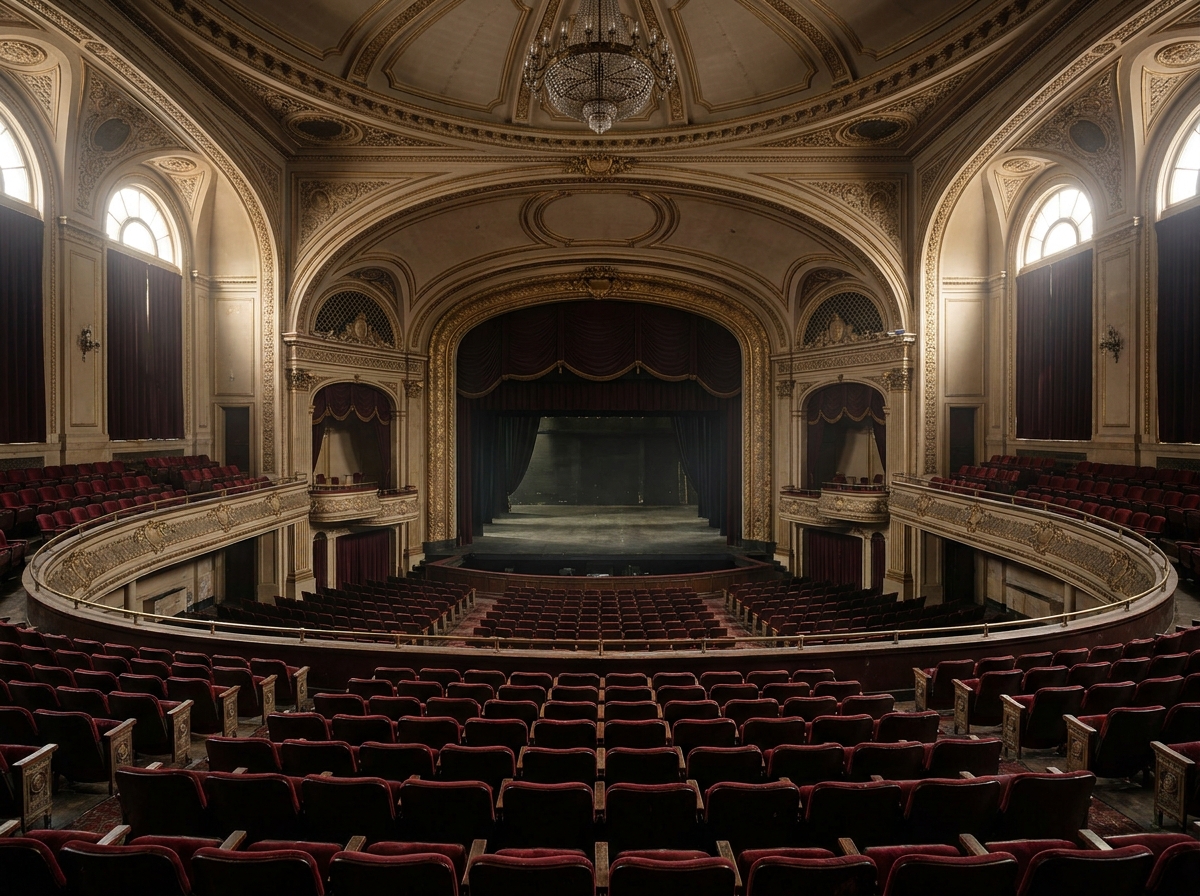 The empty seating and stage inside a historic Baltimore theater.