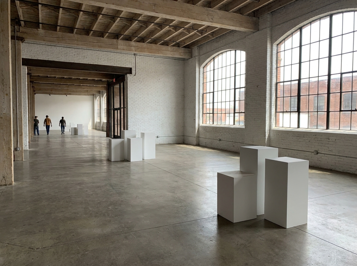 A converted industrial art gallery in Baltimore prepared for an exhibition.