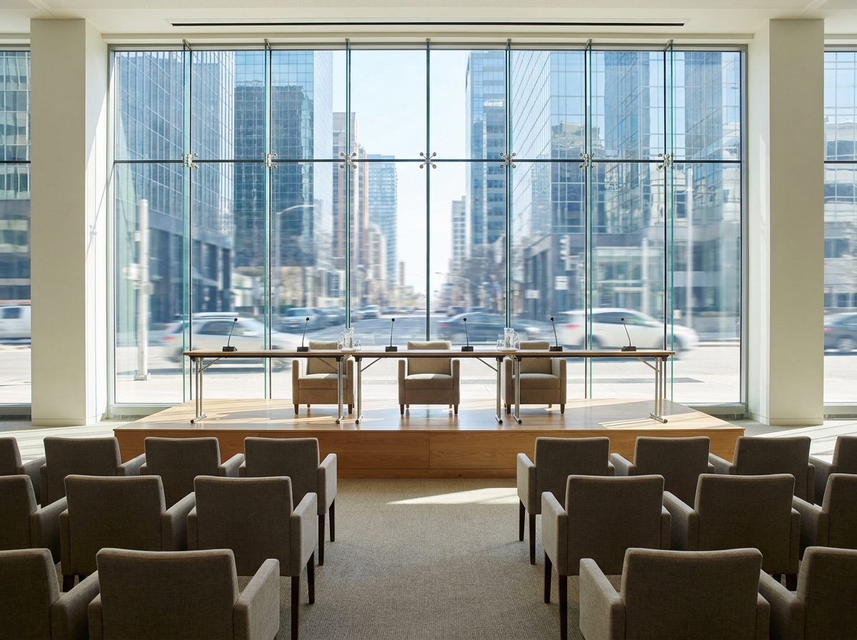 A conference room prepared for a professional panel event.