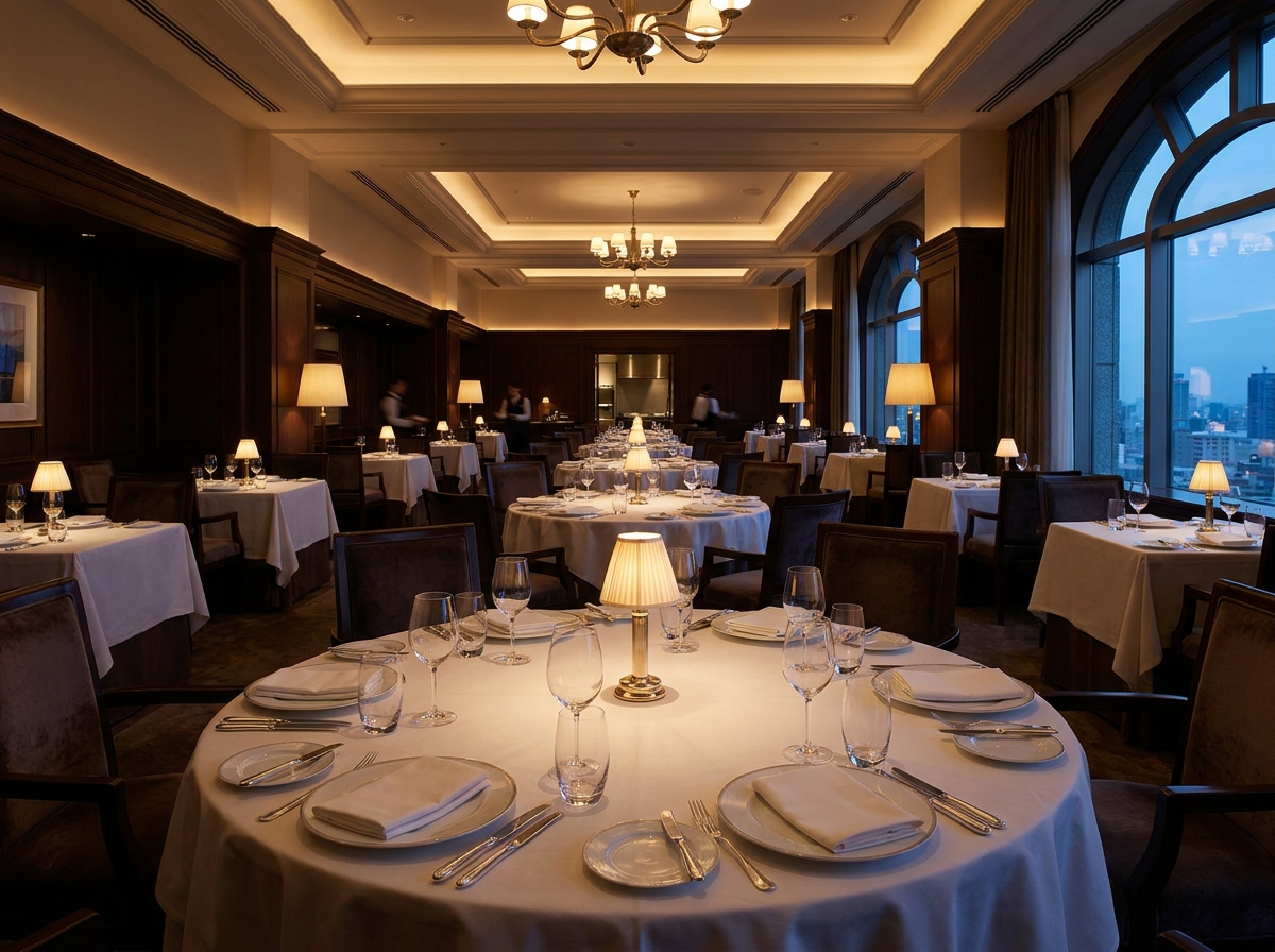 An upscale restaurant space set for a professional networking dinner.