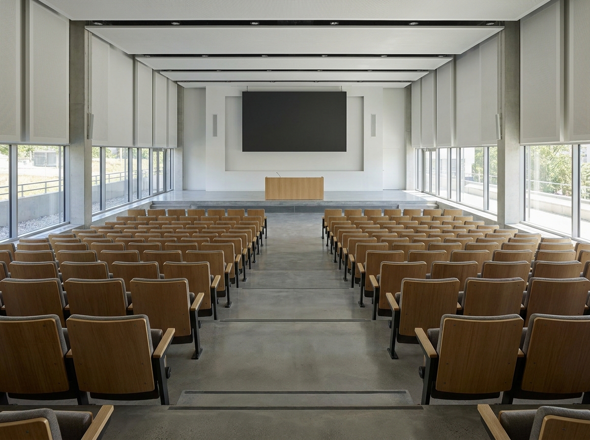 An empty lecture hall prepared for a professional networking seminar.