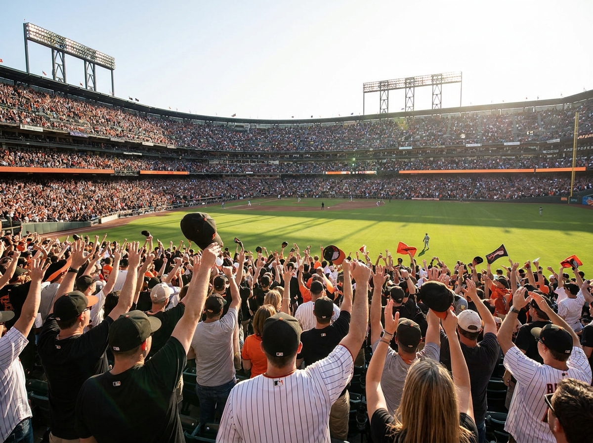 A large crowd of fans cheering at a live baseball game.
