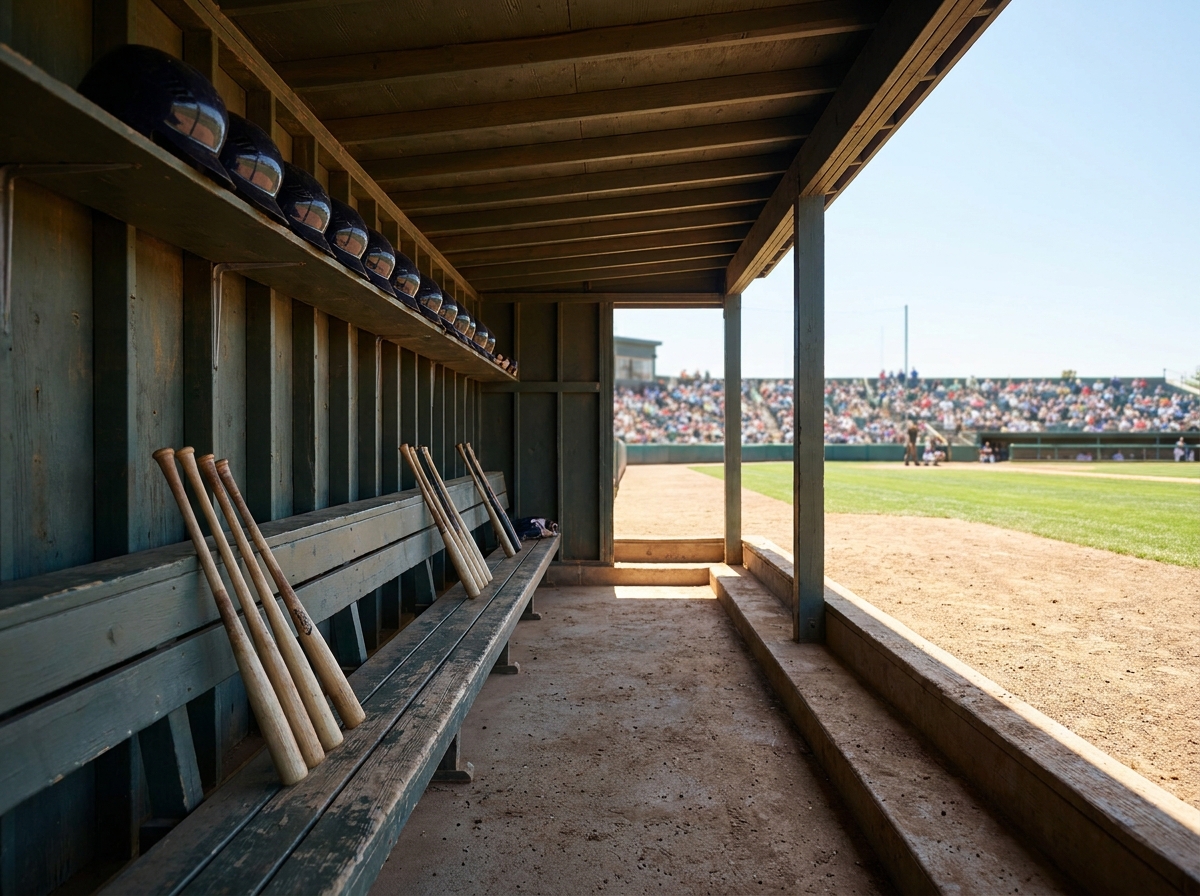An empty baseball dugout with equipment, ready for a game.