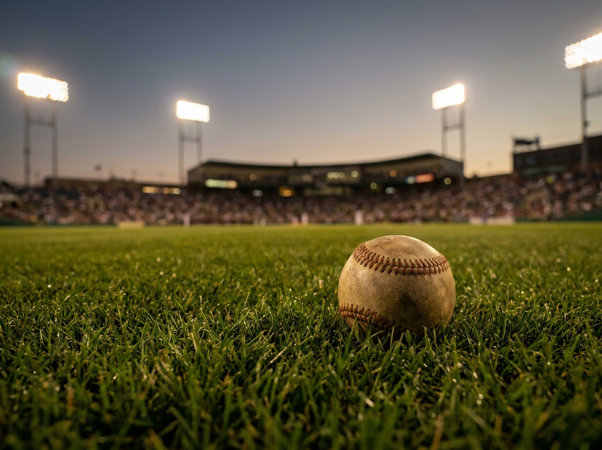A baseball sitting on the perfectly manicured grass of a baseball field.