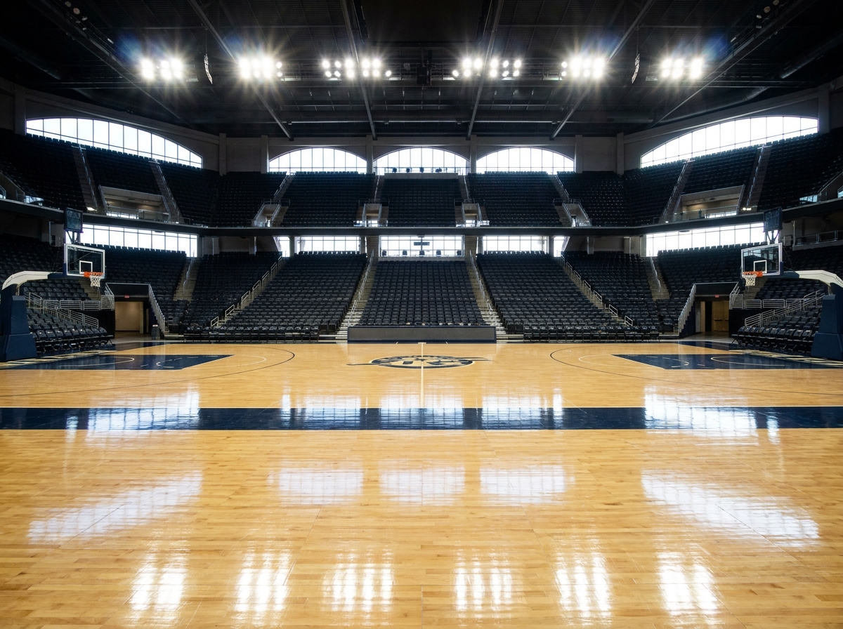 An empty, professionally lit indoor basketball court before a tournament.