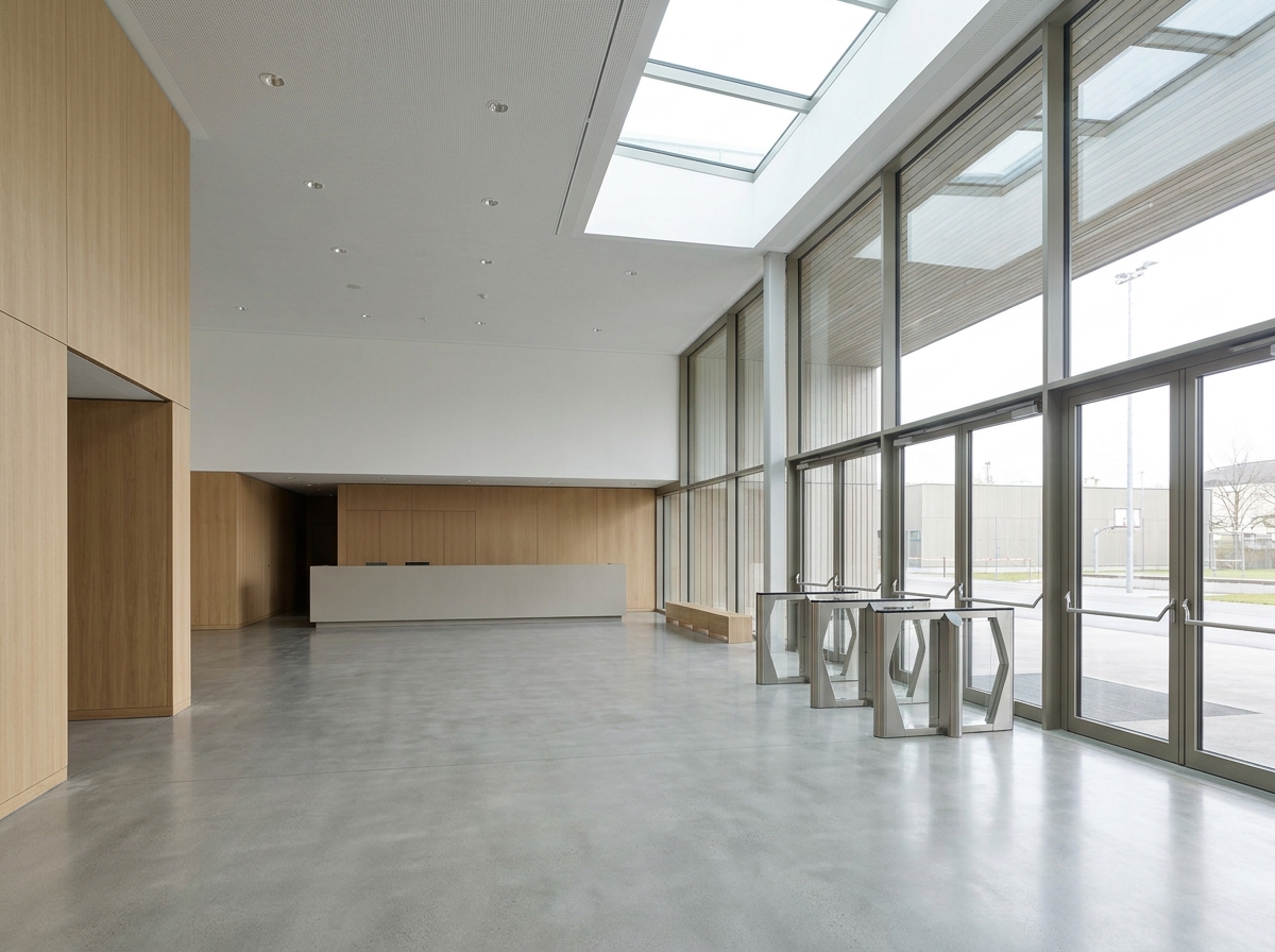 The modern entrance and lobby of a large indoor sports arena.